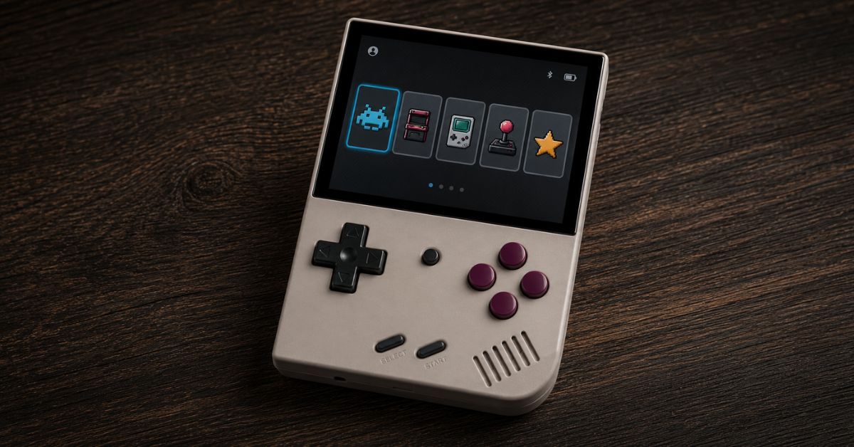 Anbernic RG35XX Plus negra con pantalla encendida mostrando menú de juegos retro