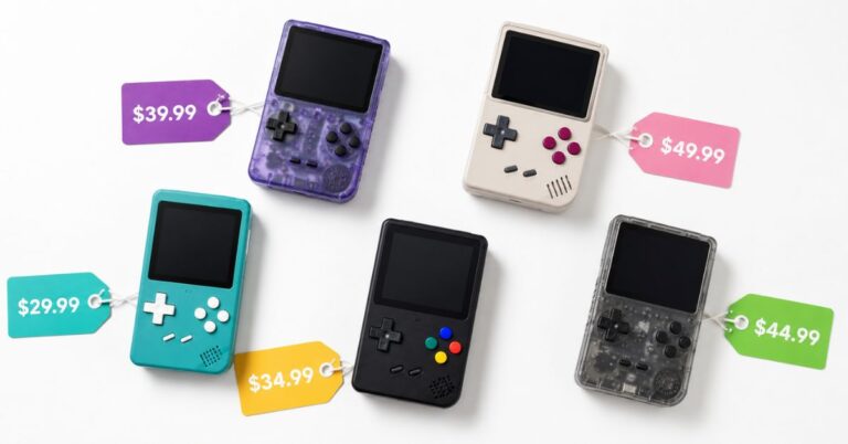 Consolas retro portátiles baratas de 2025 sobre fondo blanco con etiquetas de precio