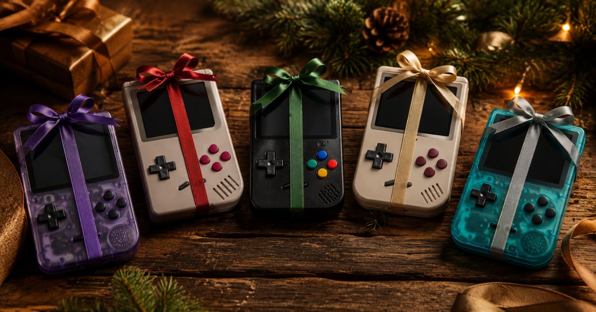 Selección de consolas retro envueltas para regalo sobre superficie de madera con lazos de colores